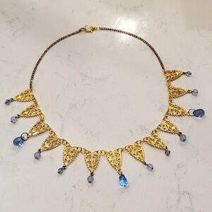 Renaissance Gold filigree Blue Tear Drop crystal drop bead collar necklace
